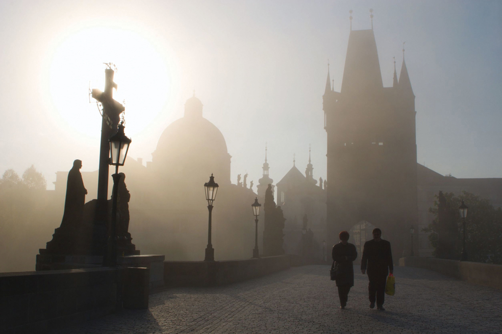 3808481 - prague - charles bridge in morning fog