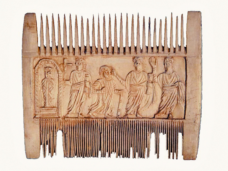 圖1. 耶穌的醫治奇蹟、拉撒路的復活；象牙梳，西元六世紀；科普特博物館典藏；開羅