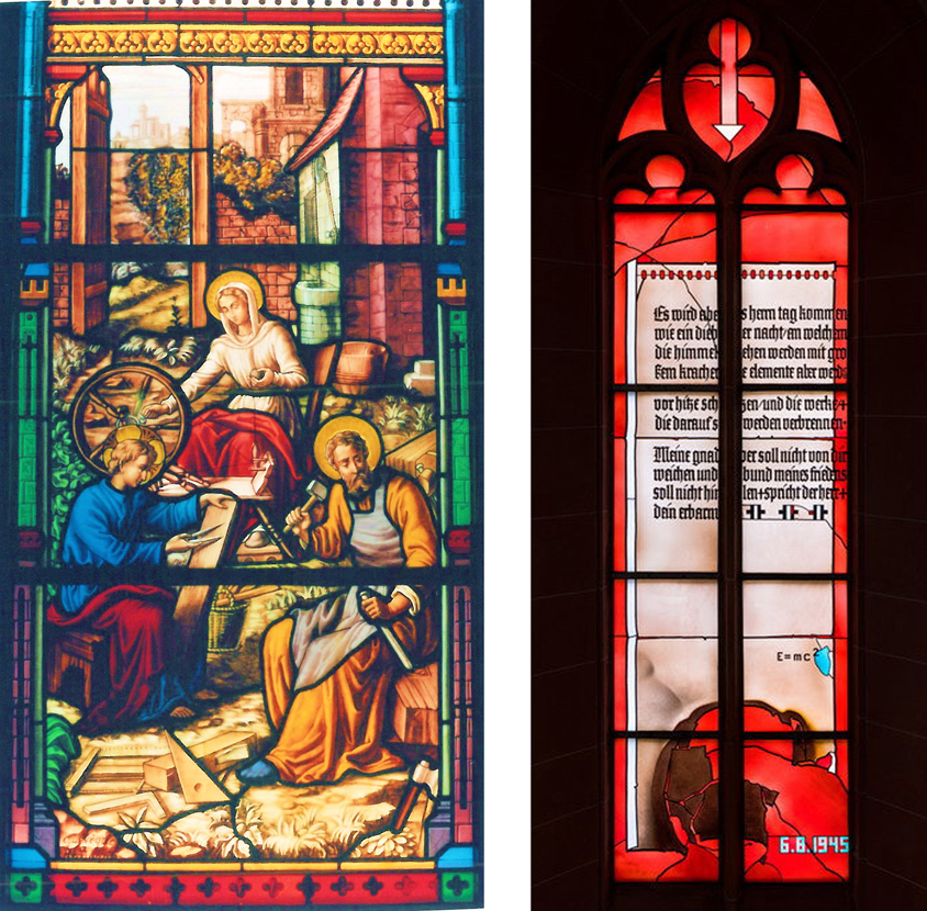 左為圖3.《聖家庭》彩窗；源自比利時韋爾維耶市聖心堂；法國李維克工作坊1878年製作；今在台北聖家堂 右為圖4. Johannes Schreiter, Physic-Window,1984; Heilig-Geist Kirche, Heidelberg