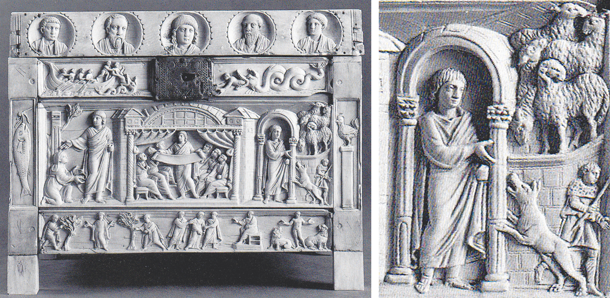 圖5. Reliquary of Brescia (Brescia Casket or Lipsanoteca), front view (Detail), 4th century, Ivory casket, Museo di Santa Giulia, Brescia, Italy.（右圖為局部放大）
