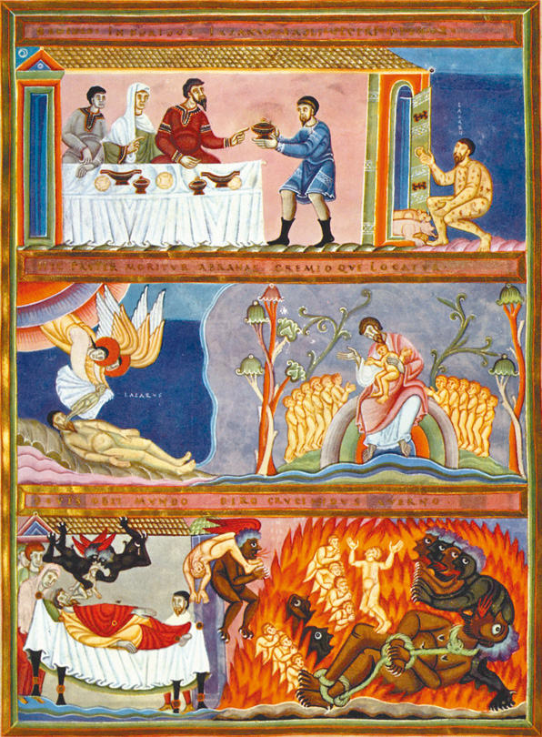 圖1. Codex Aureus Epternacensis (Golden Gospels), Illuminated Manuscript; Parable of the Rich Man and the Beggar Lazarus, Folio 78 recto, 1035-1040; Germanisches Nationalmuseum, Nürnberg