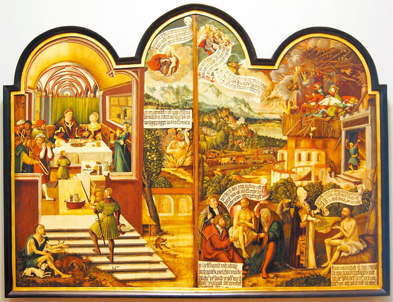 圖3. Erhard Altdorfer (1480–1561), The parable of Lazarus and the story of Job, 1520-22; tempera and oil on wood, 114.5 x 150 cm; National Museum, Wrocław