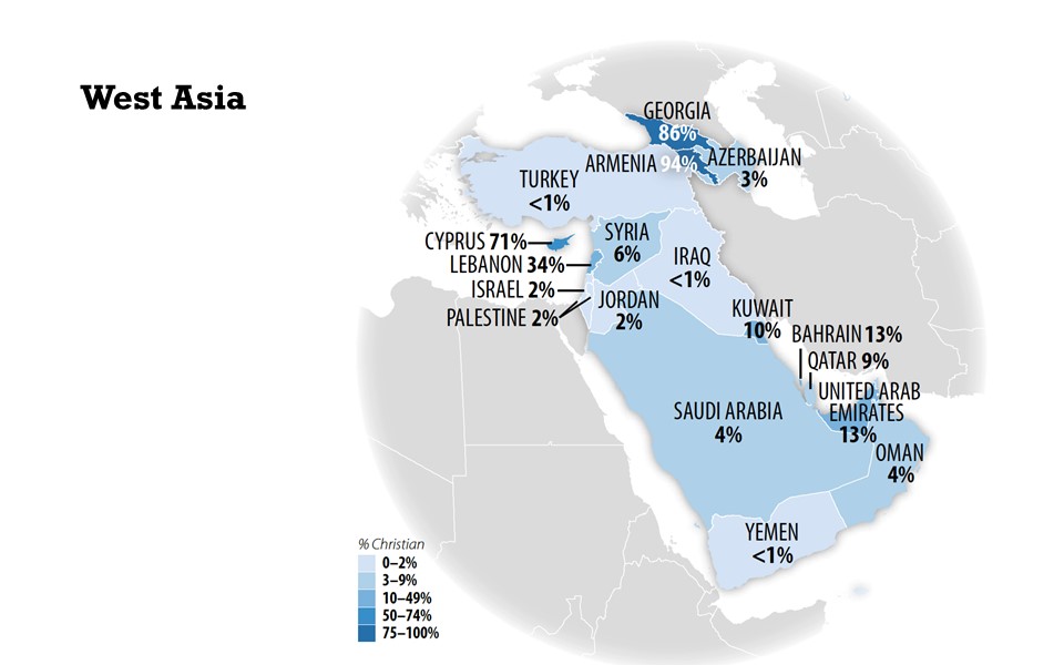 西亞國家中基督徒的比例圖。