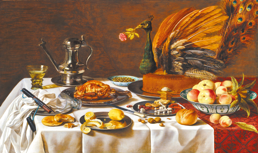"Still Life with a Peacock Pie", by Pieter Claesz,1627
