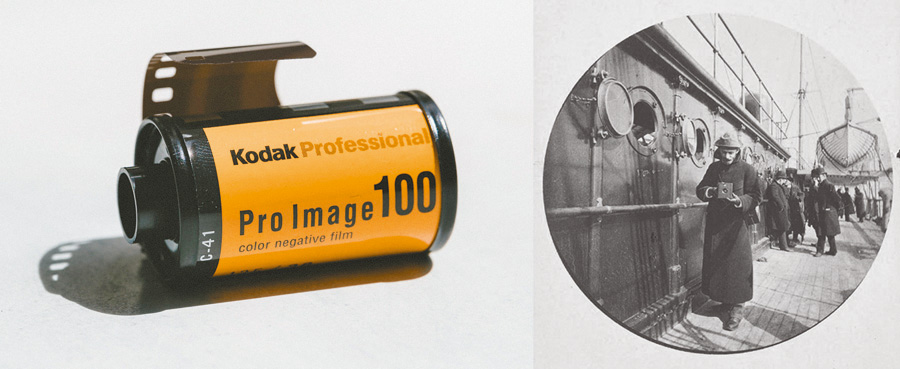 左圖：伊士曼發明的膠捲和相機，開啟大眾攝影新時代。（Photo by Jakob Owens on Unsplash）右圖：1890年，伊士曼在船上攝影。 （來源：維基）