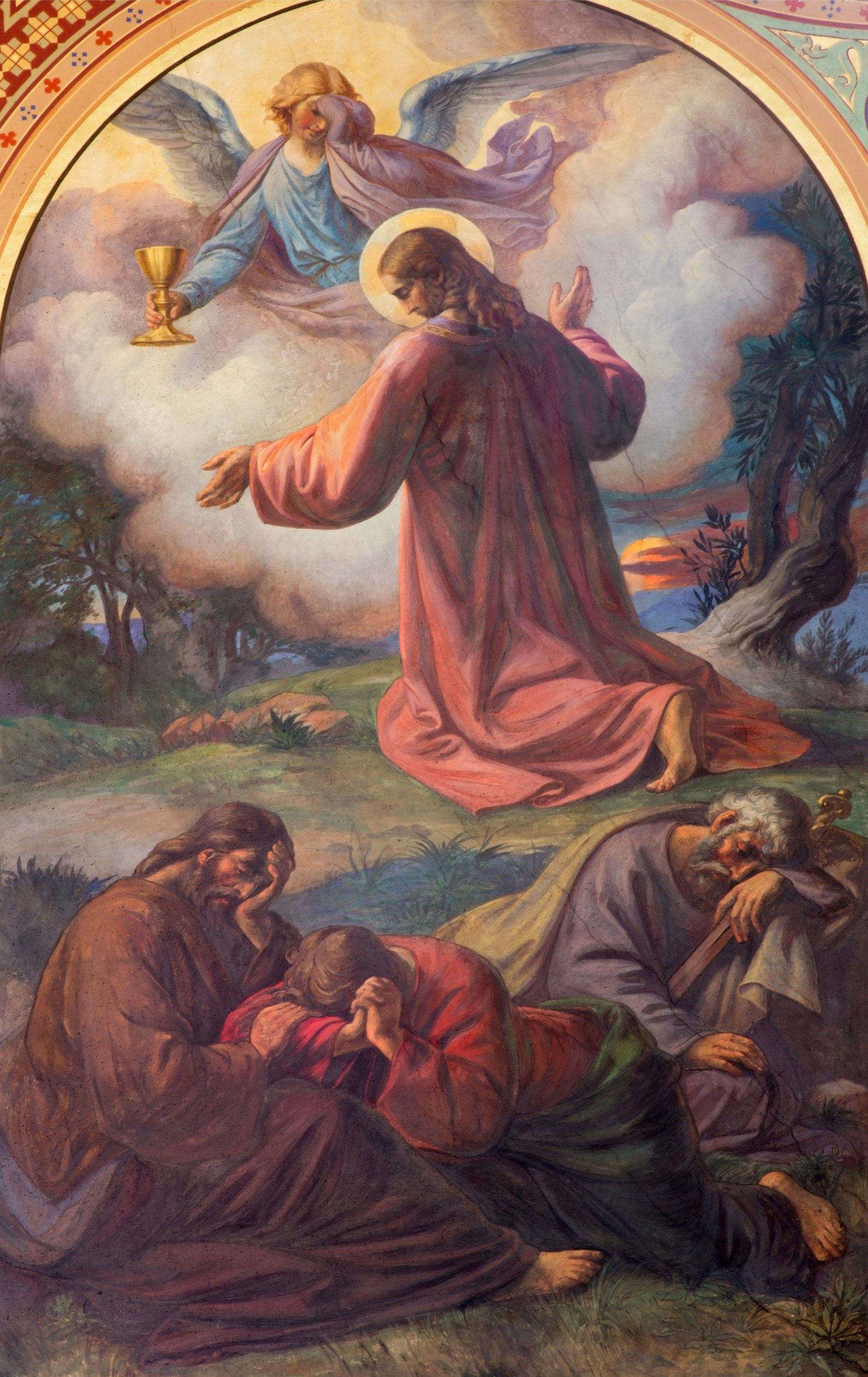 耶穌在客西馬尼園靠著禱告勝過試煉。 （"Prayer of Jesus in Gethsemane garden", by  Franz Josef Dobiaschofsky, 19. cent）