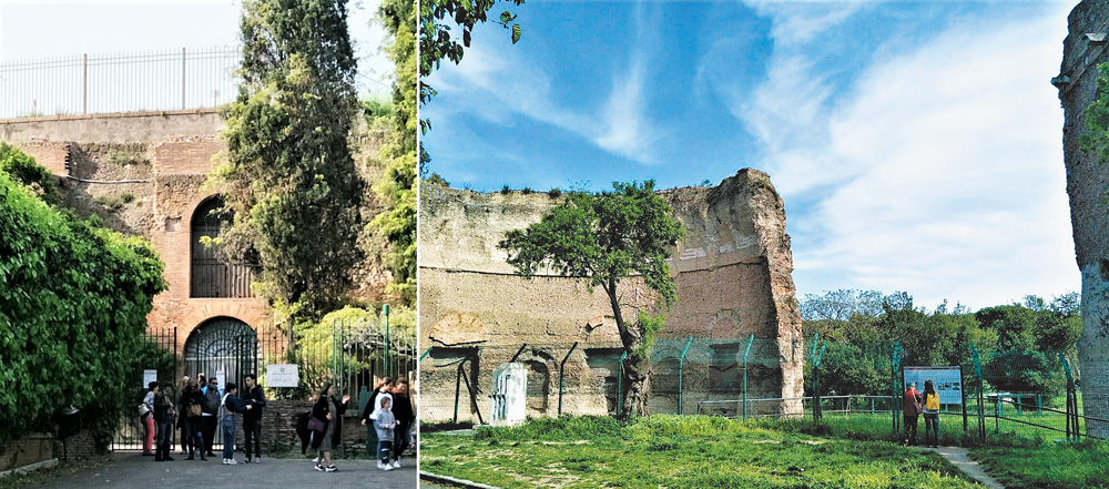 左圖：地下尼祿金宮參觀入口。右圖：尼祿金宮遺址地面的廢墟（圖拉真浴場亦建造其上）。（王桂花攝影）