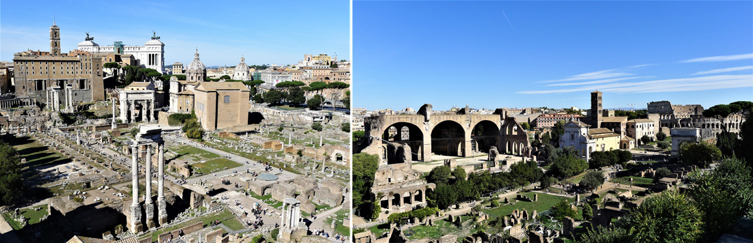 左：古羅馬廣場廢墟西側。右：古羅馬廣場廢墟東側，此處為古羅馬時代城市中心。（王桂花攝影）