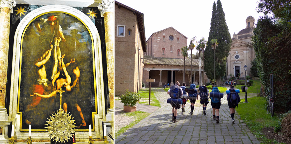 羅馬三泉隱修院（右），與其教堂畫作《彼得倒釘十架》。（王桂花攝影）
