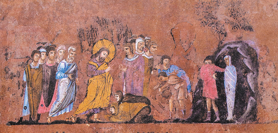 圖2. The Raising of Lazarus, The Codex Purpureus Rossanensis, 6th century; Diocesan Museum, Rossano Cathedral 