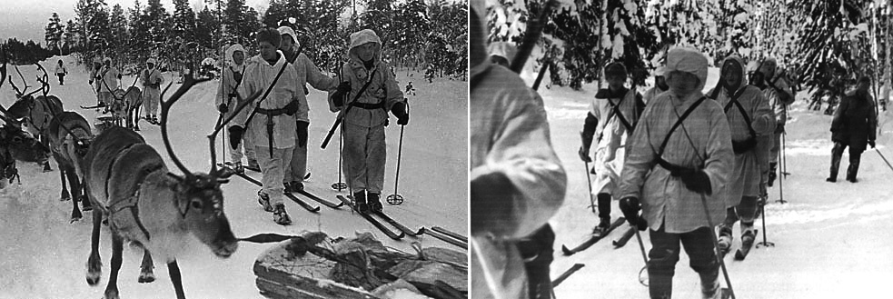 冬季戰爭中正在巡邏的芬軍士兵。 （來源維基，MTV3 提供，SA-kuva 攝）