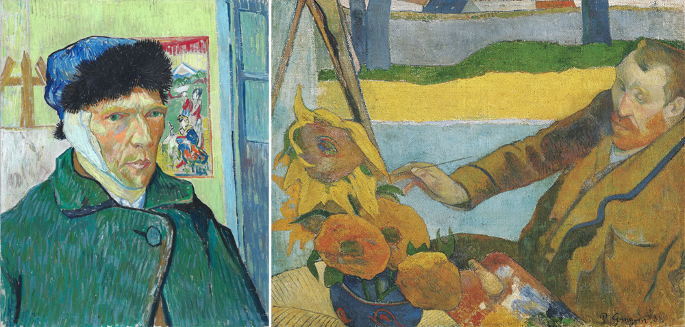左圖：梵谷1889年繪製，用繃帶包紮耳朵的自畫像。右圖：高更1888年所畫，梵谷在畫向日葵。（來源維基）