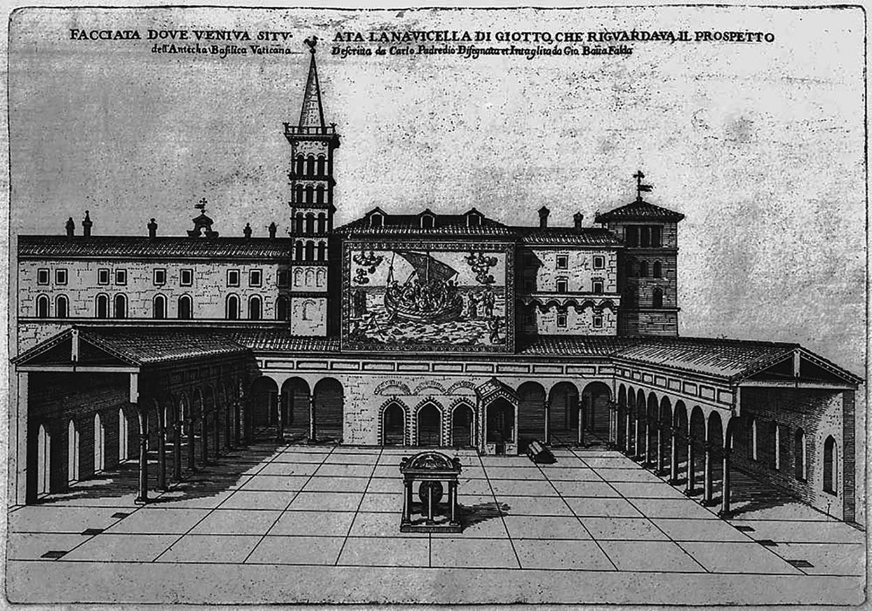 圖2. Engraving of the portico of Old St. Peter‘s Basilica featuring Giotto’s Navicella, 1673