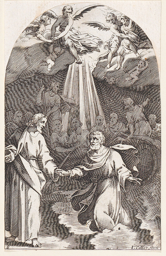 圖5. Jacques Callot, Christ Walking on Water, Holding the Hand of St. Peter, from Les Tableaux de Rome, Les Eglises Jubilaires, plate 8; 1607-11.