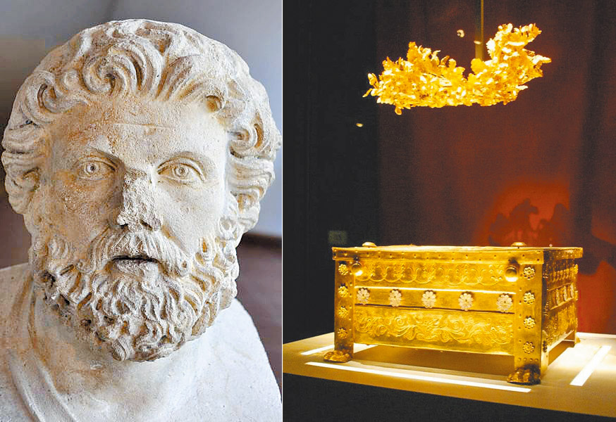 左圖：亞歷山大的父親、腓力二世塑像。（來源：https://livius.org/）右圖：腓力二世的金冠與骨灰盒。（翻攝）