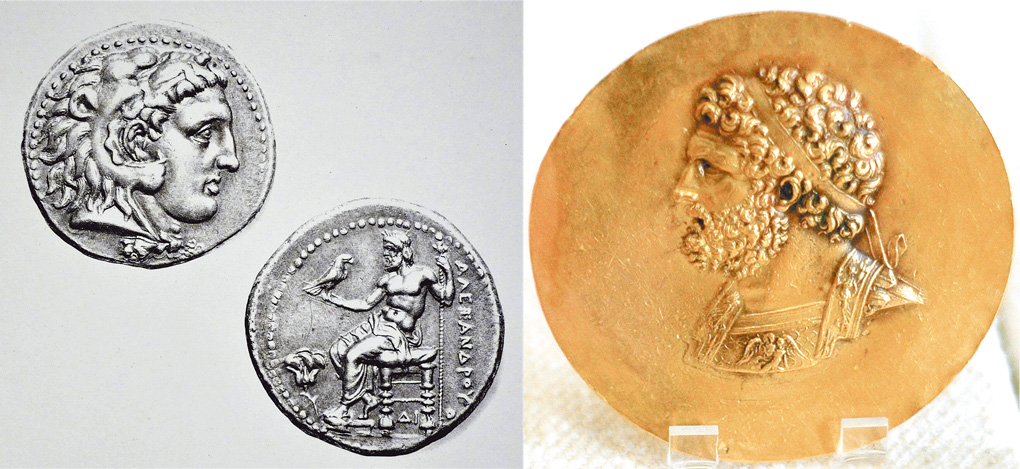 左圖：亞歷山大大帝錢幣肖像（左上）。右圖：勝利紀念章帶有腓利二世肖像。（Photo by Jastrow）