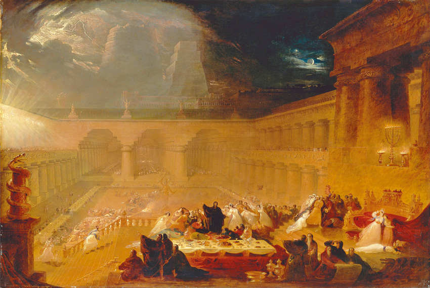 伯沙撒和群臣宴飲享樂，驚見牆上指頭寫字宣告神的審判，當夜敵軍直闖皇宮，伯沙撒被殺。    "Belshazzar's Feast", by John Martin, 1821
