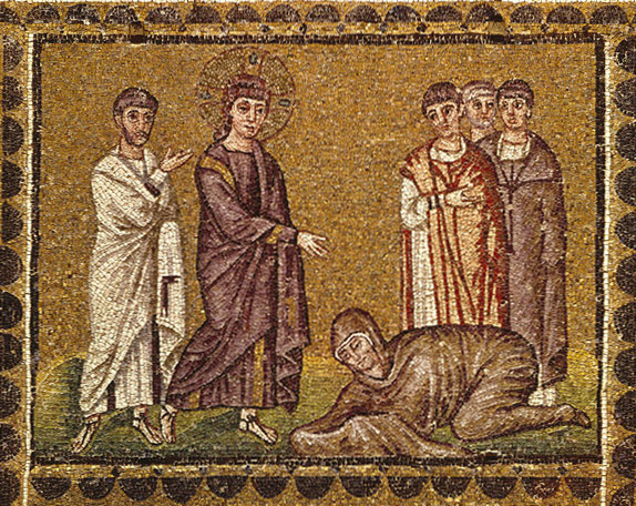 圖4. Healing of the Woman with an Issue of Blood, 6th century; mosaic in Sant'Apollinare Nuovo (Ravenna)