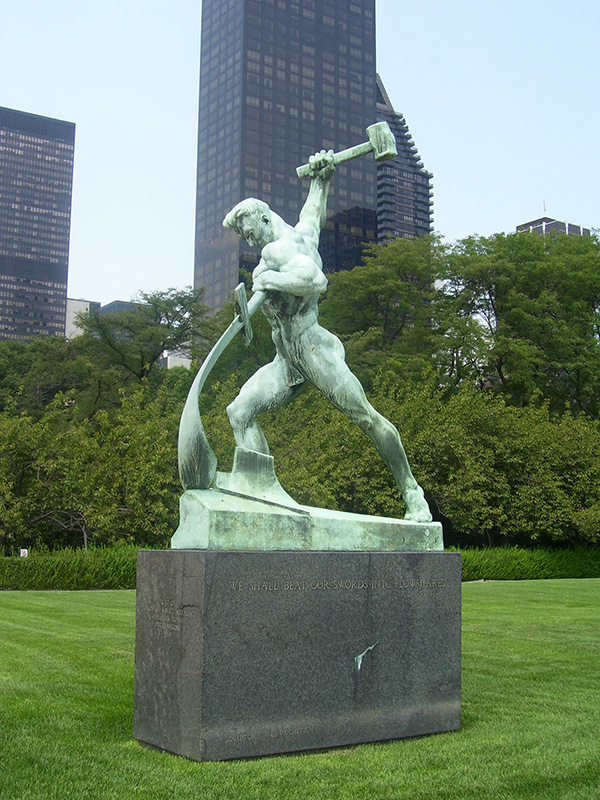 Let Us Beat Swords Into Plowshares statue at the United Nations Headquarters, New York City. （photo by Rodsan18)