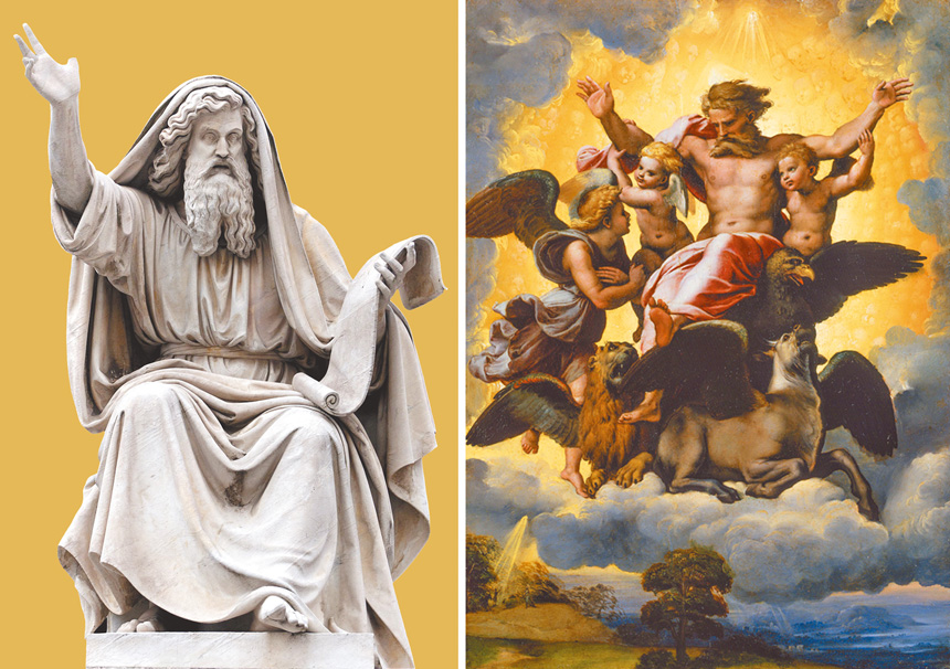 左圖：義大利藝術家創作的先知以西結像。右圖：以西結所見異象（"Ezekiel's Vision", by Raphael）