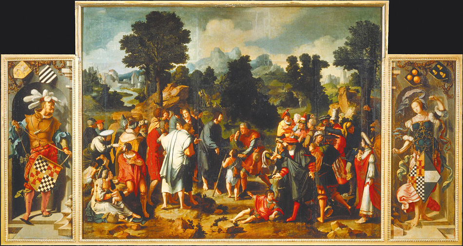 圖6.  Lucas van Leyden, Healing of Blind Man of Jericho (triptych), 1531; Oil on panel transferred to canvas; ​115.7 x 217.3 cm; State Hermitage Museum, St. Petersburg, Russia