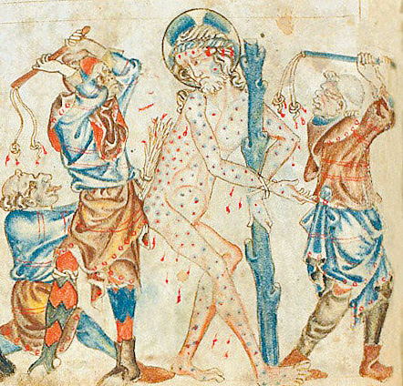 圖5. Flagellation of Christ (detail), the Holkham Bible,  1325-1330; British Library, London, MS. Add. 47682, fol. 29v