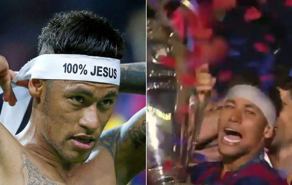 電視媒體報導時，內馬爾帽帶上的「百分百耶穌」字樣被塗抹掉（圖右）。（圖／marca.com）