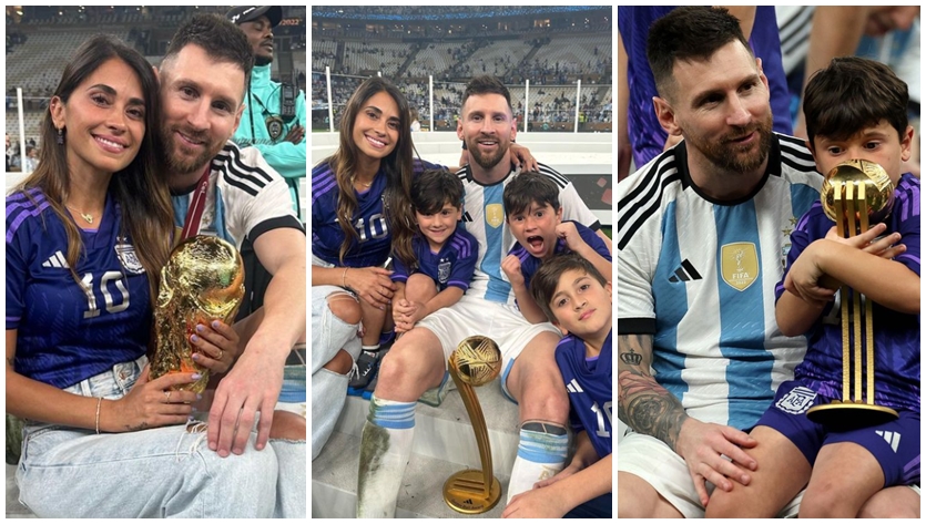 梅西與家人分享得到大力神盃與金球獎的榮耀。​（圖／翻攝自IG@fifaworldcup, @antonelaroccuzzo)