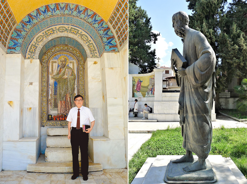 庇哩亞是保羅和西拉共同服事的要地之一。左圖為作者在庇哩亞的保羅紀念碑坊，右圖為庇哩亞的使徒保羅塑像。