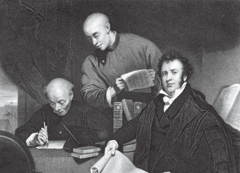 馬禮遜（右）與兩位華人進行翻譯工作。他按立第一位華人牧師梁發。