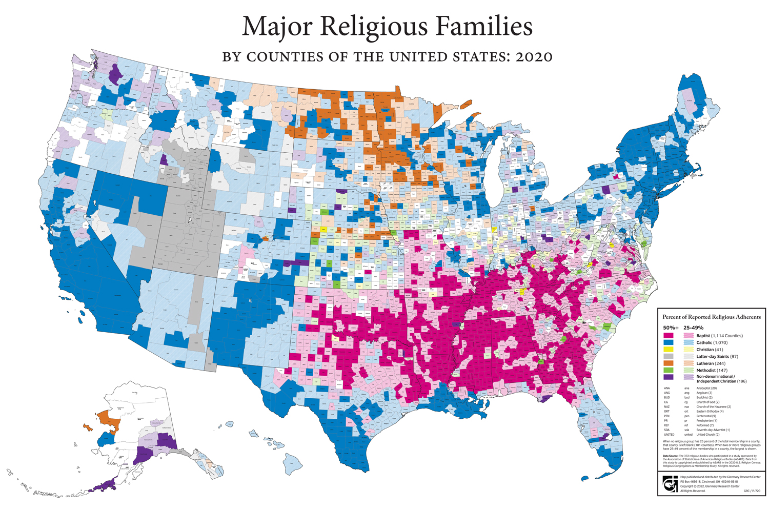 美國教會各宗派所占百分比。（圖／usreligioncensus.org）