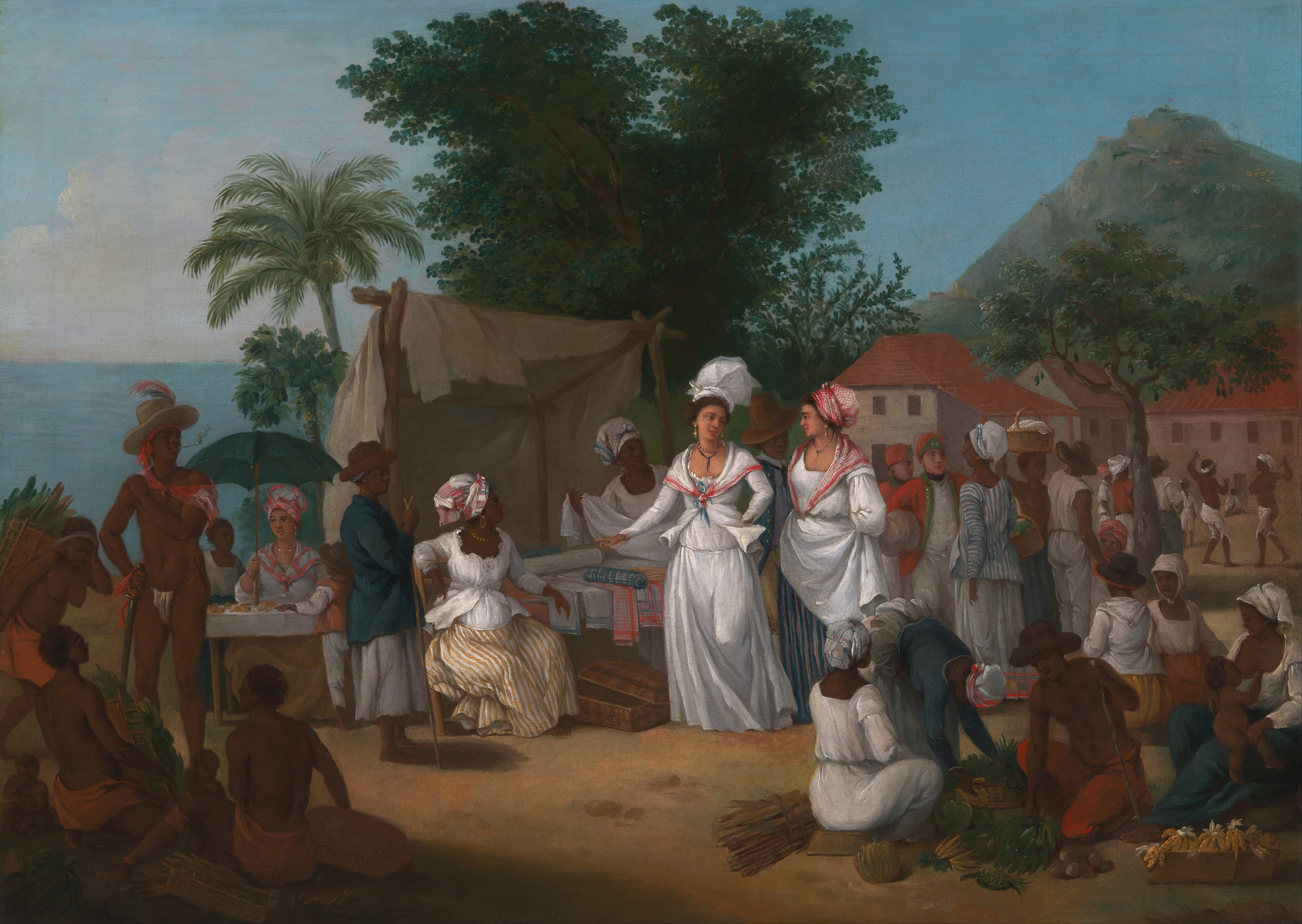 義大利畫家Agostino Brunias的畫，描繪英屬西印度群島上的亞麻市場、白人婦女和黑奴。（圖／wikimedia）