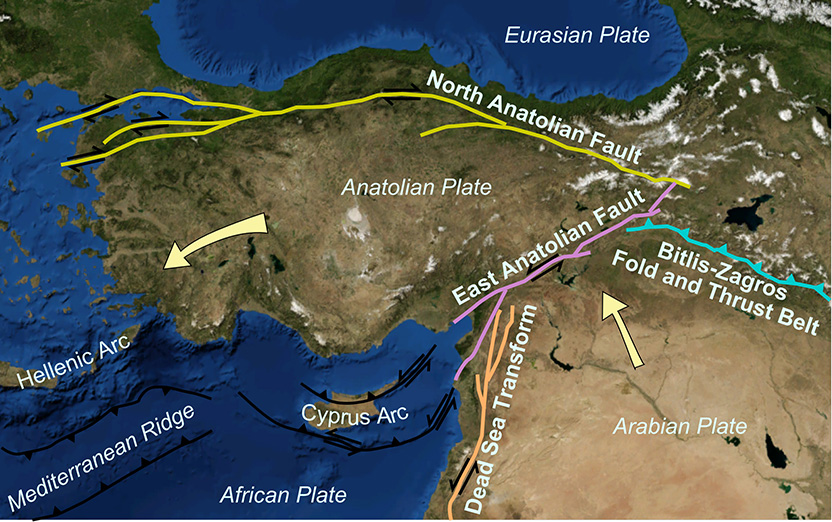 安那托利亞板塊周圍結構地圖，地圖東側繪製出東安那托利亞斷層。（來源：Mikenorton、維基）