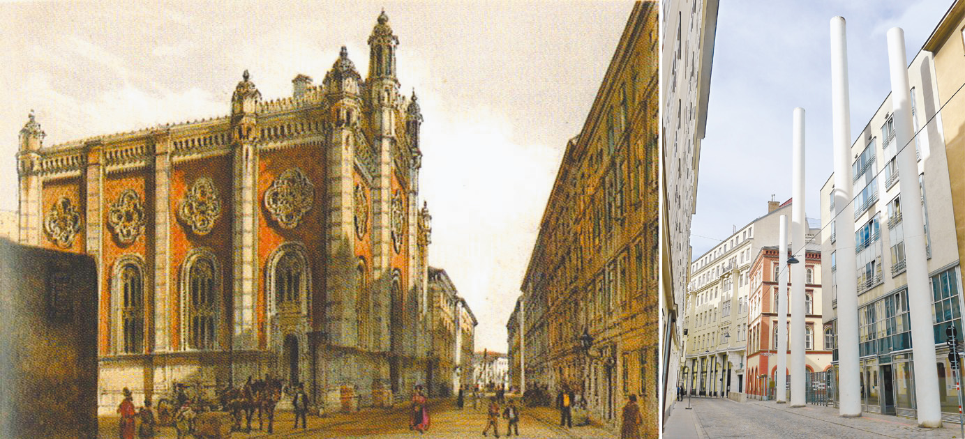 左圖：利奧波德城會堂曾是維也納最大的猶太會堂，毀於「水晶之夜」。（照片來源：維基）右圖：利奧波德城會堂舊址白色紀念柱。（王桂花攝影）
