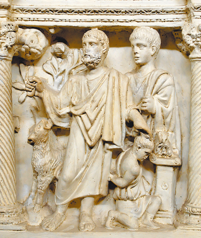 圖2. Isaac's Sacrifice, Sarcophagus of Junius Bassus, 359 CE; Treasury of St. Peter's, Vatican