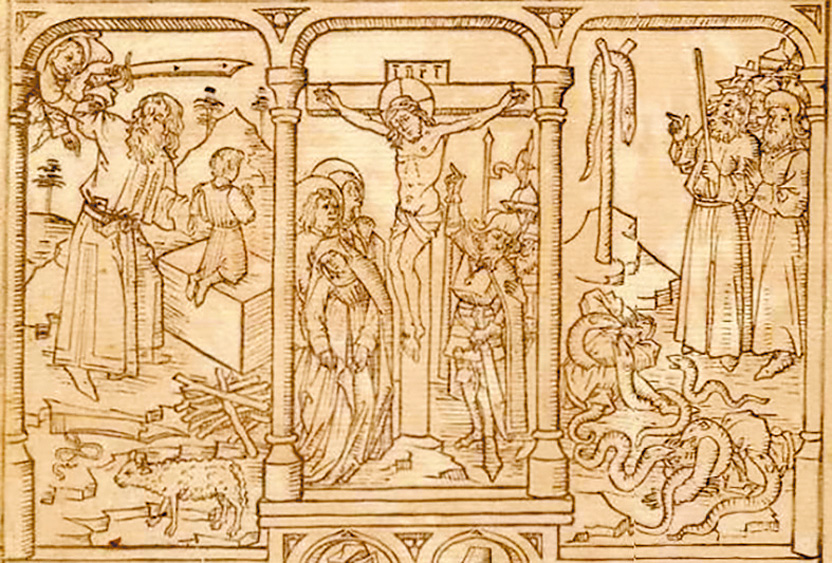 圖4. Abraham‘s Sacrifice of Isaac, Crucifixion, Moses Lifts up the Brass Serpent; c.1465; Woodcut page from a block book; British Museum, London