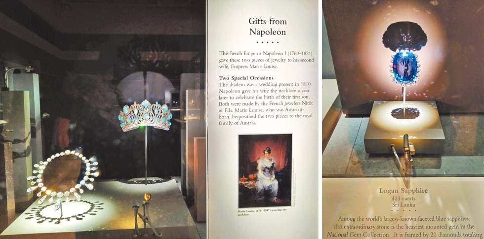 左圖：拿破崙送給妻子的珠寶皇冠。右圖：來自斯里蘭卡423克拉的藍寶石。（作者攝影）