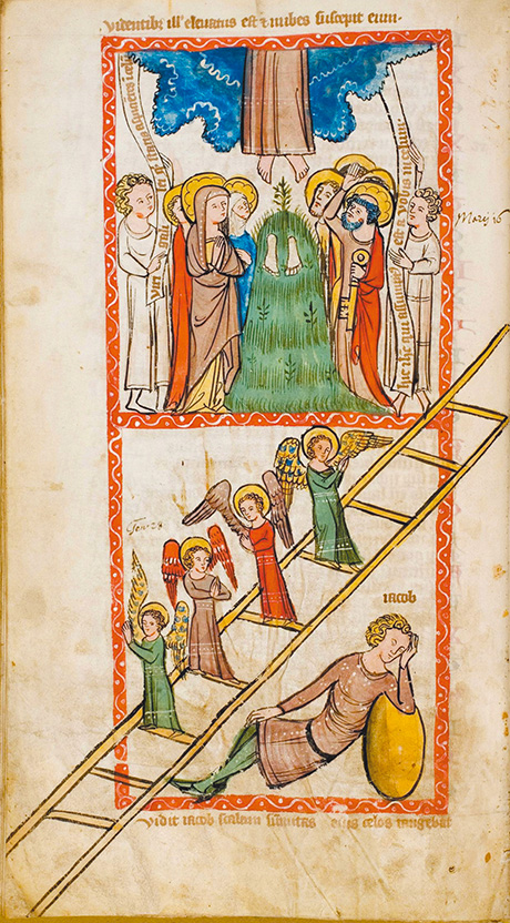 圖4. Ascension of Christ, Jacob's Dream; Speculum Humanae Salvationis, 1360; ULB Darmstadt, Hs 2505, fol. 62v