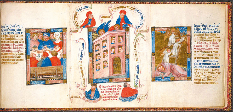 圖5. Feast of Job with his Children, Heavenly Joy, Jacob's Dream; Biblia Pauperum, 1405; Lisbon, Museum Calouste Gulbenkian, Ms. LA 148, fol. 30