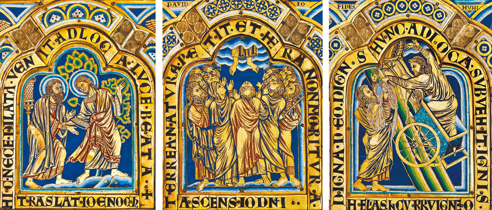 圖5.（左起）Ascension of Enoch, Ascension of Christ,  Ascension of Elijah, Verdun altar, 1181; Klosterneuburg, Austria