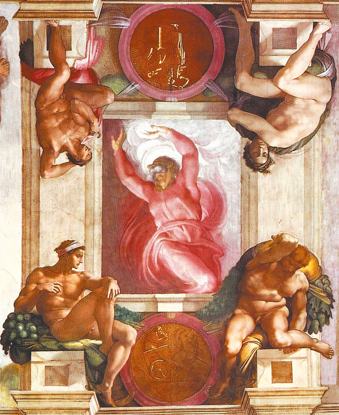 圖6. Michelangelo, Separation of Light from Darkness with the Ascension of Elijah medallion; Sistine Chapel, 1511; Vatican