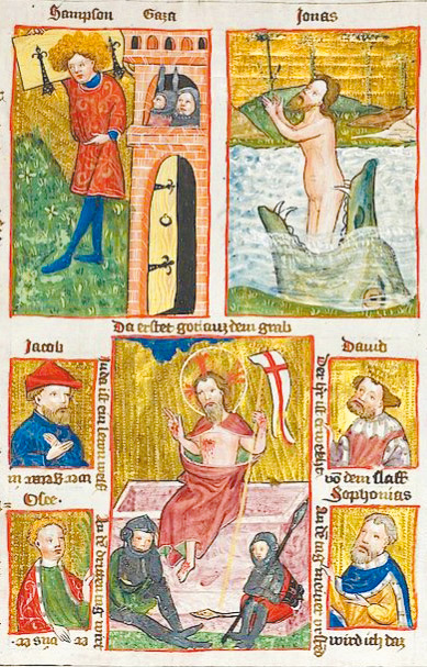圖3. Samson carrying the gates of Gaza, Jonah and the Fish, Resurrection of Christ, 1430; Biblia Pauperum; University Library, Heidelberg