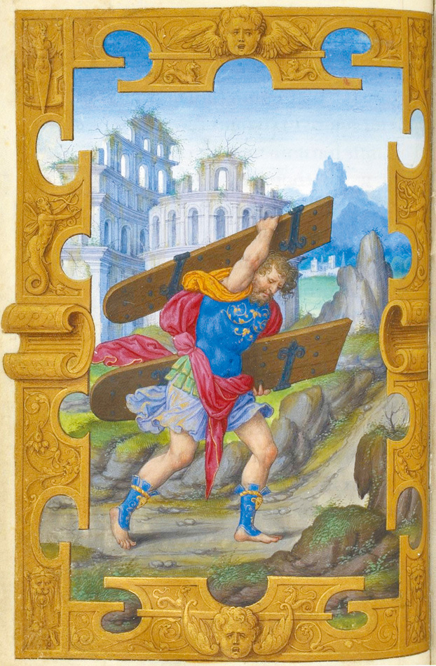 圖5. Samson carrying the gates of Gaza; Heures d'Henri II, 16th century; Paris, Bibliothèque Nationale, MS Lat. 1429, fol. 58v.