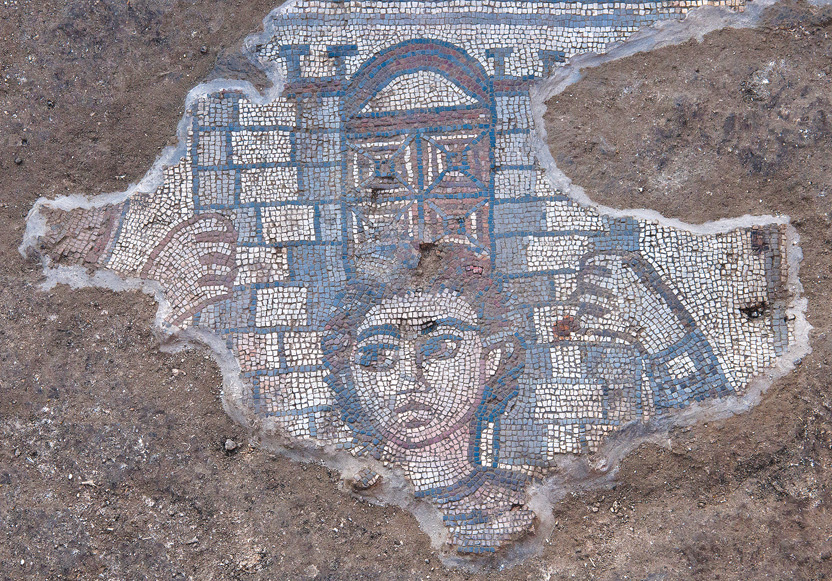 圖1. Samson carrying the gates of Gaza; mosaics at Huqoq’s synagogue in Galilee, 5th century
