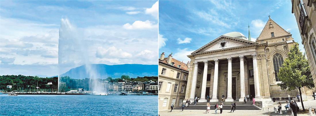 左圖：日內瓦萊芒湖一景。右圖：日內瓦聖彼得大教堂。（攝影：王桂花）
