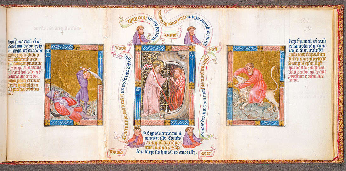 圖4. David and Goliath, Christ in Limbo, Samson and the Lion, Biblia Pauperum, 1405; King' s 5, Folio 21, British Library, London