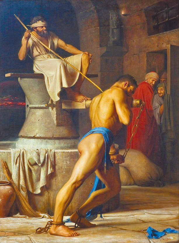 被擄又失明，在監獄裡推磨的參孫。 "Samson and the Philistines", by Carl Bloch