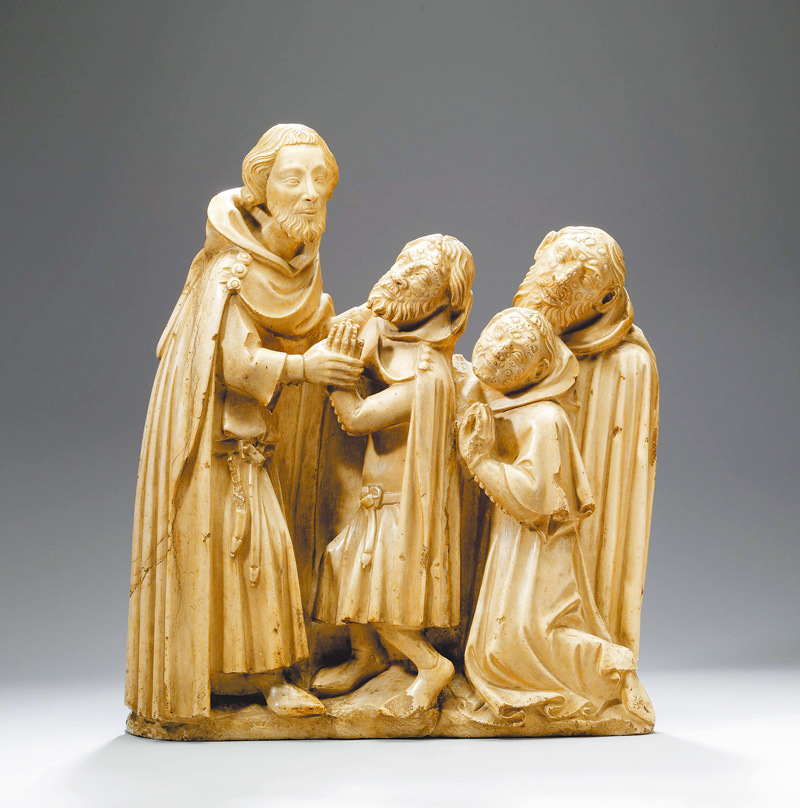 描繪中世紀聖徒治癒大痲瘋病人的石雕。來源：Walters Art Museum