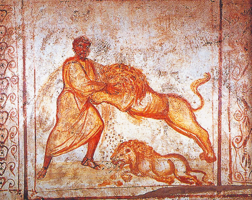 圖1. Samson Wrestling with the Lions, 350-400 AD; Catacomb della Via Latina, Rome