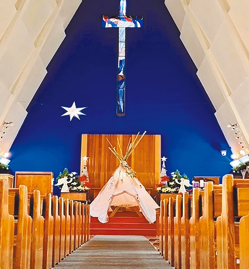2021年東門長老教會原住民元素待降節布置。（創作者：鄭燕嬪、牧力感都）